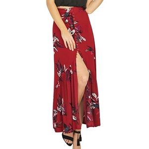 Red Floral Button Front Skirt